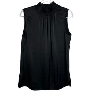R LABEL NWT Satin Gathered Neck Tank Black Smocked High Neck Sleeveless Top  S